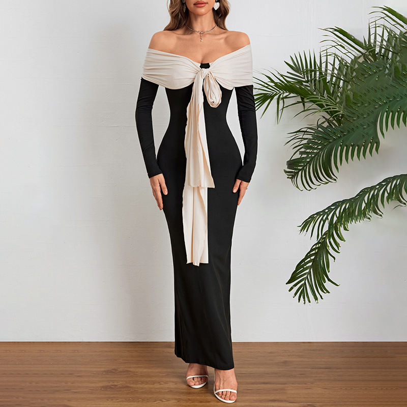 Color-Block Tie-Waist Off-Shoulder Tube Dress 