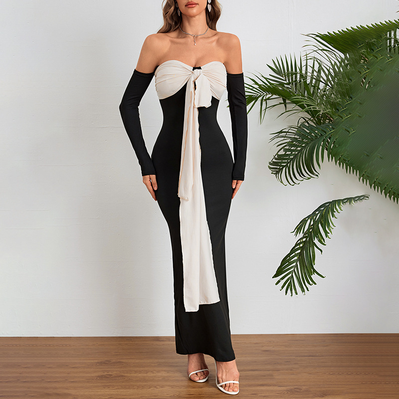 Color-Block Tie-Waist Off-Shoulder Tube Dress 