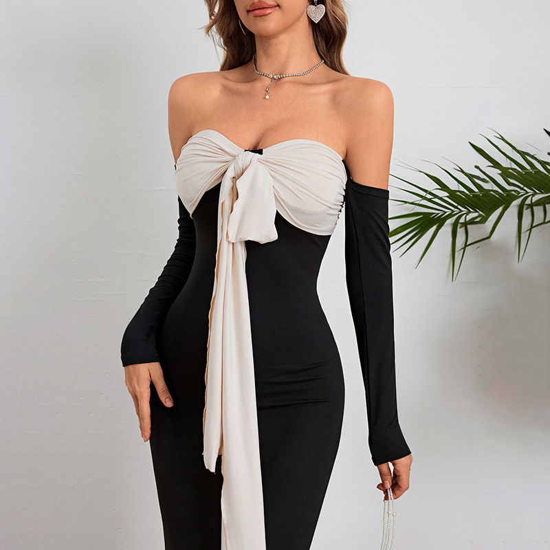 Color-Block Tie-Waist Off-Shoulder Tube Dress 