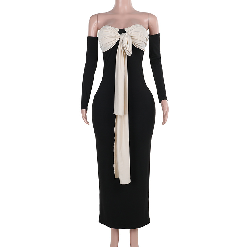 Color-Block Tie-Waist Off-Shoulder Tube Dress 