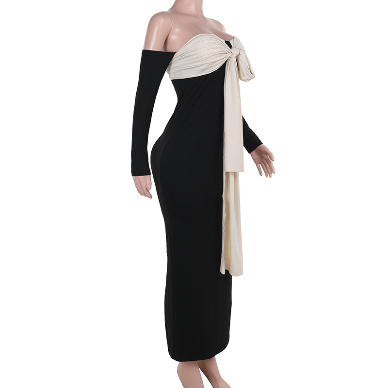 Color-Block Tie-Waist Off-Shoulder Tube Dress 