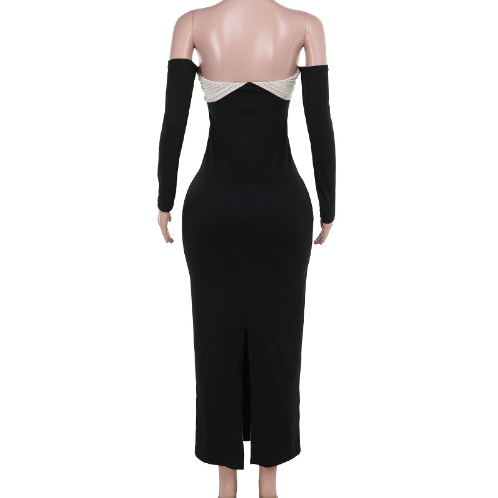 Color-Block Tie-Waist Off-Shoulder Tube Dress 