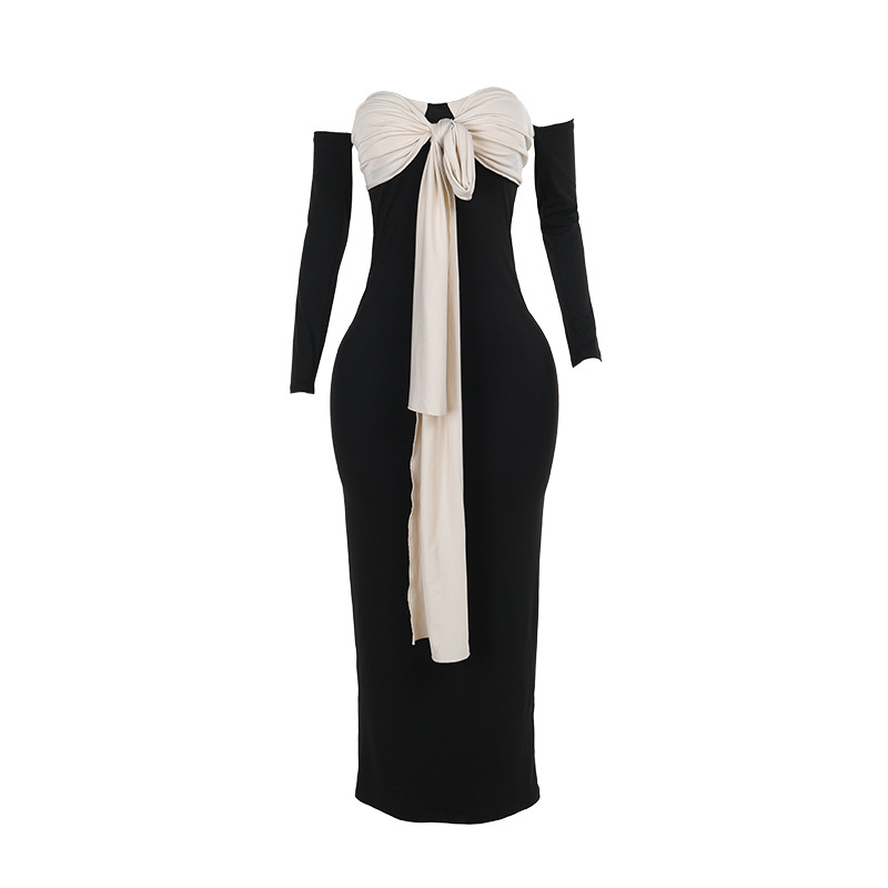 Color-Block Tie-Waist Off-Shoulder Tube Dress 