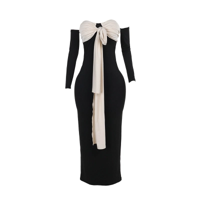 Color-Block Tie-Waist Off-Shoulder Tube Dress  01