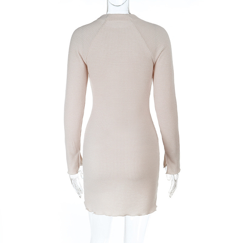 Knit Deep V-Neck Long Sleeve Bodycon Mini Dress