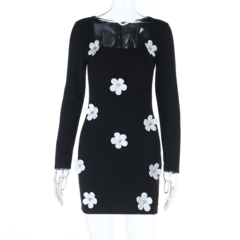  3D Floral Long Sleeve Bodycon Mini Dress
