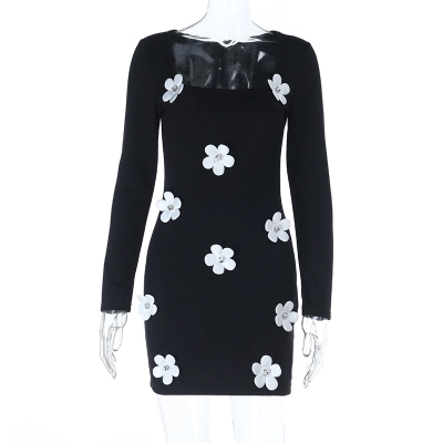  3D Floral Long Sleeve Bodycon Mini Dress 01