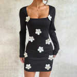  3D Floral Long Sleeve Bodycon Mini Dress