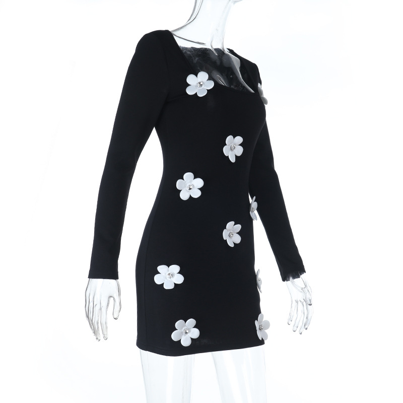  3D Floral Long Sleeve Bodycon Mini Dress