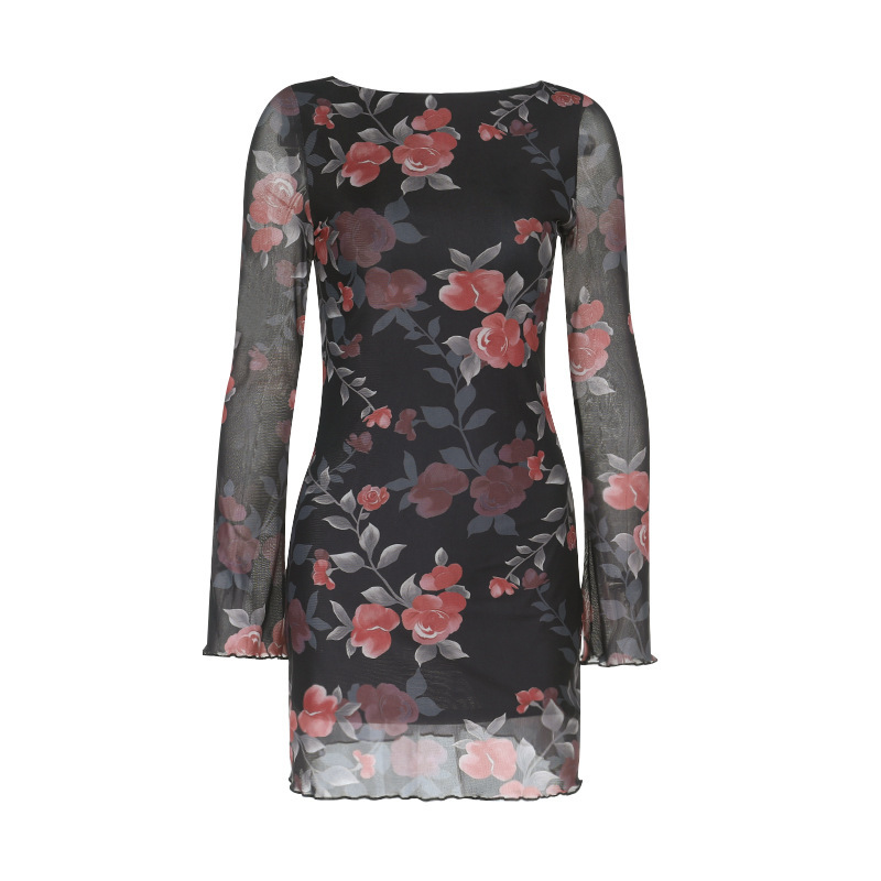 Sexy Floral Sheer Mesh Bodycon Dress
