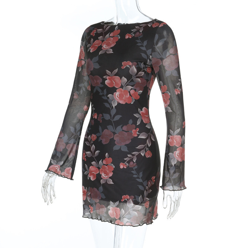 Sexy Floral Sheer Mesh Bodycon Dress