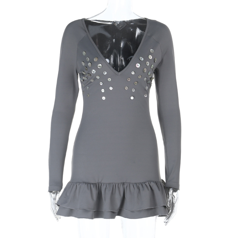 Women's European Fall/Winter New Sexy Vacation Long Sleeve 3D Fitted Button V-Neck Dress