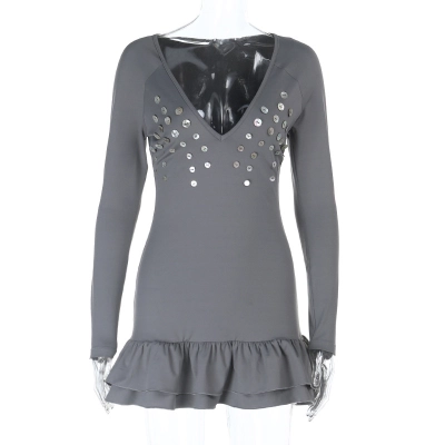 Women's European Fall/Winter New Sexy Vacation Long Sleeve 3D Fitted Button V-Neck Dress 01