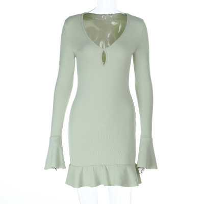 Women's Knit Sexy Lace-Out Mesh Ruffle Long Sleeve Dress 01
