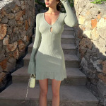 Women's Knit Sexy Lace-Out Mesh Ruffle Long Sleeve Dress