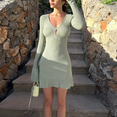 Women's Knit Sexy Lace-Out Mesh Ruffle Long Sleeve Dress 02