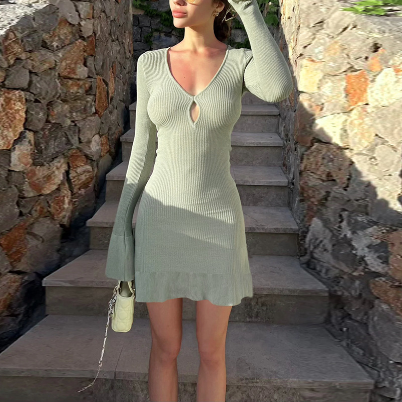 Women's Knit Sexy Lace-Out Mesh Ruffle Long Sleeve Dress
