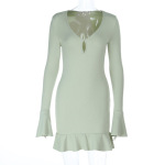 Women's Knit Sexy Lace-Out Mesh Ruffle Long Sleeve Dress