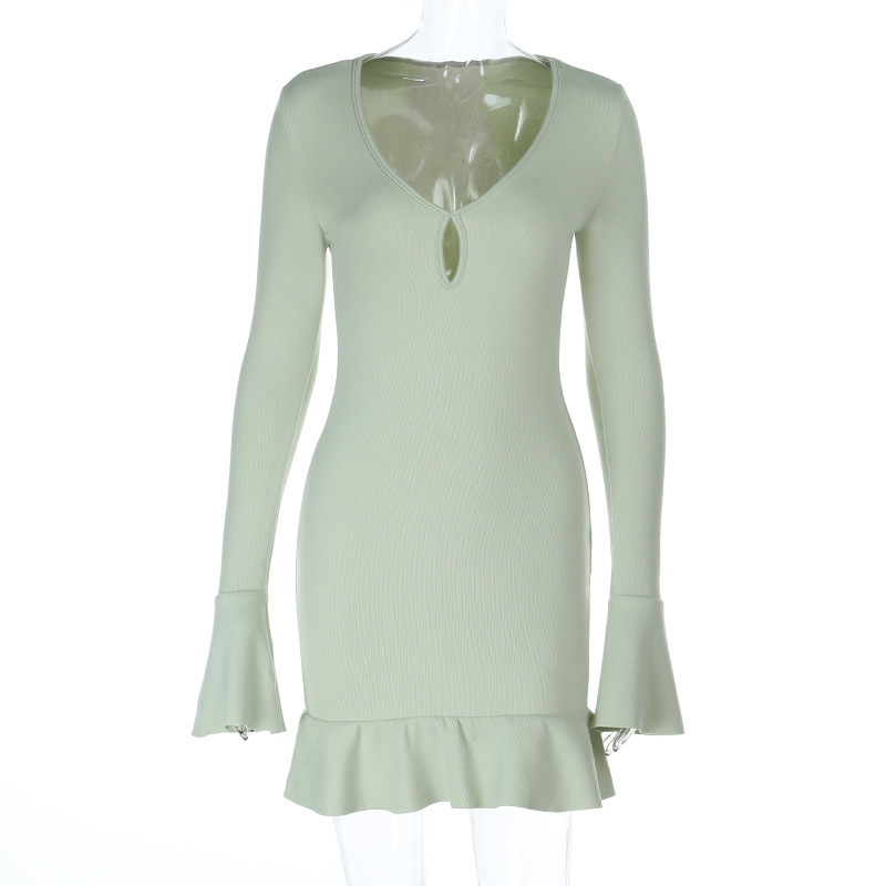 Women's Knit Sexy Lace-Out Mesh Ruffle Long Sleeve Dress