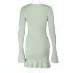 Women's Knit Sexy Lace-Out Mesh Ruffle Long Sleeve Dress