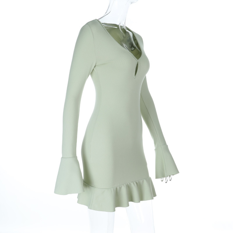 Women's Knit Sexy Lace-Out Mesh Ruffle Long Sleeve Dress