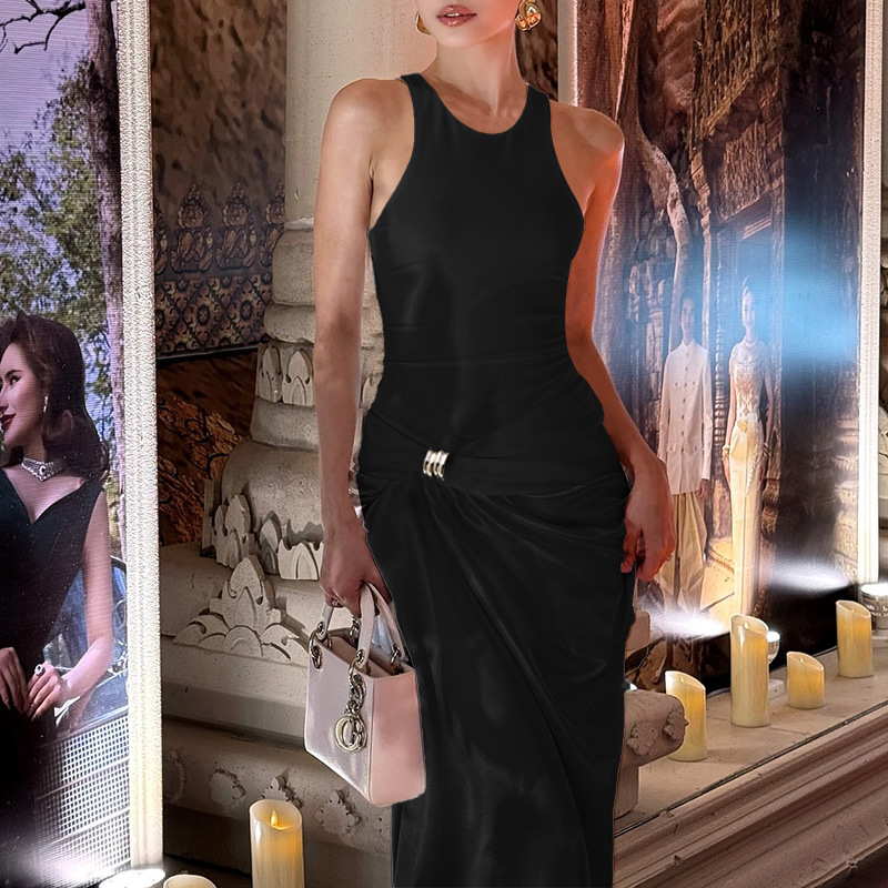 Women's Satin Panel Metal Button Round Neck Black Dress