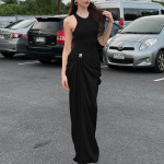 Women's Satin Panel Metal Button Round Neck Black Dress