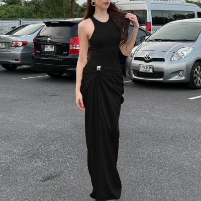 Women's Satin Panel Metal Button Round Neck Black Dress 02