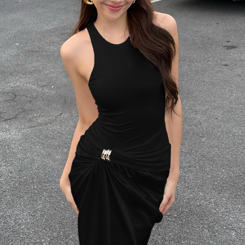 Women's Satin Panel Metal Button Round Neck Black Dress