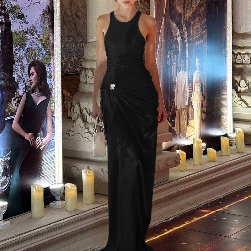 Women's Satin Panel Metal Button Round Neck Black Dress