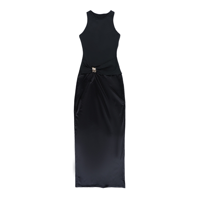 Women's Satin Panel Metal Button Round Neck Black Dress