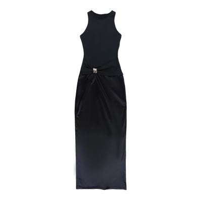 Women's Satin Panel Metal Button Round Neck Black Dress 01