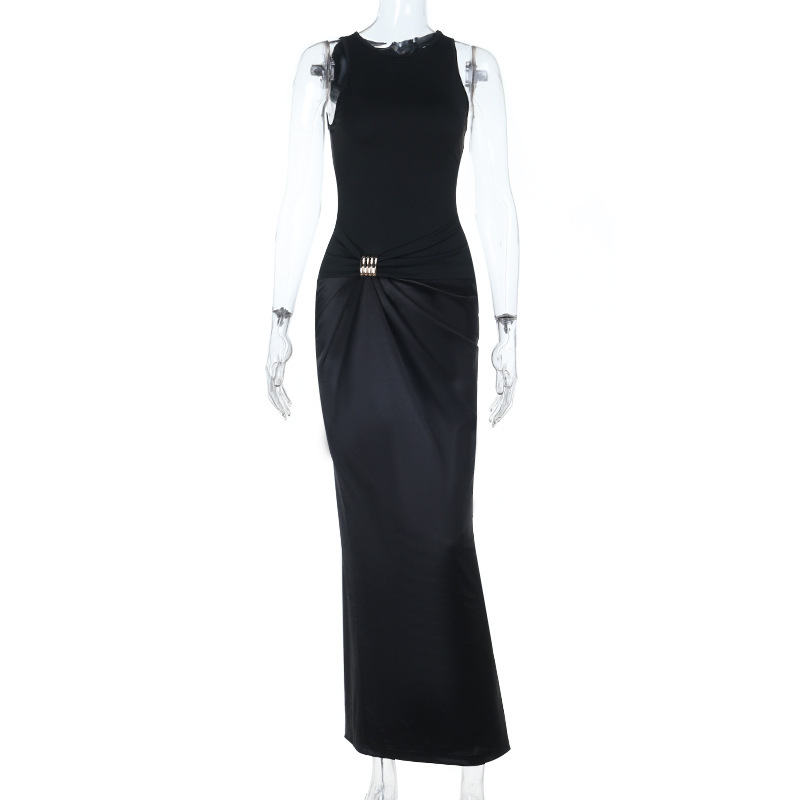 Women's Satin Panel Metal Button Round Neck Black Dress