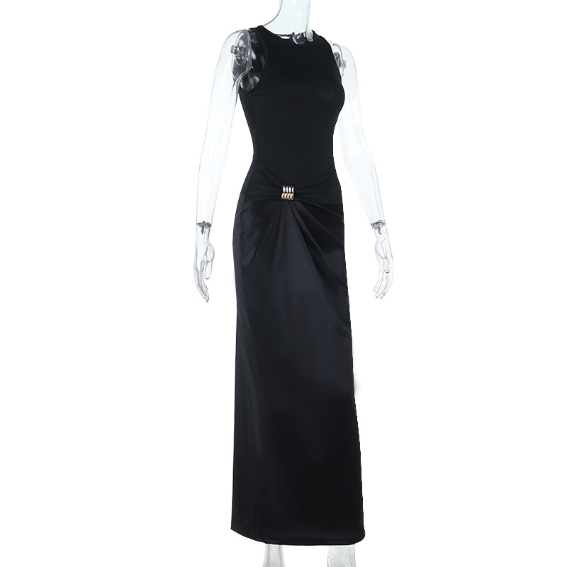 Women's Satin Panel Metal Button Round Neck Black Dress