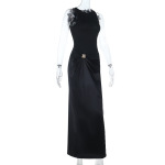 Women's Satin Panel Metal Button Round Neck Black Dress