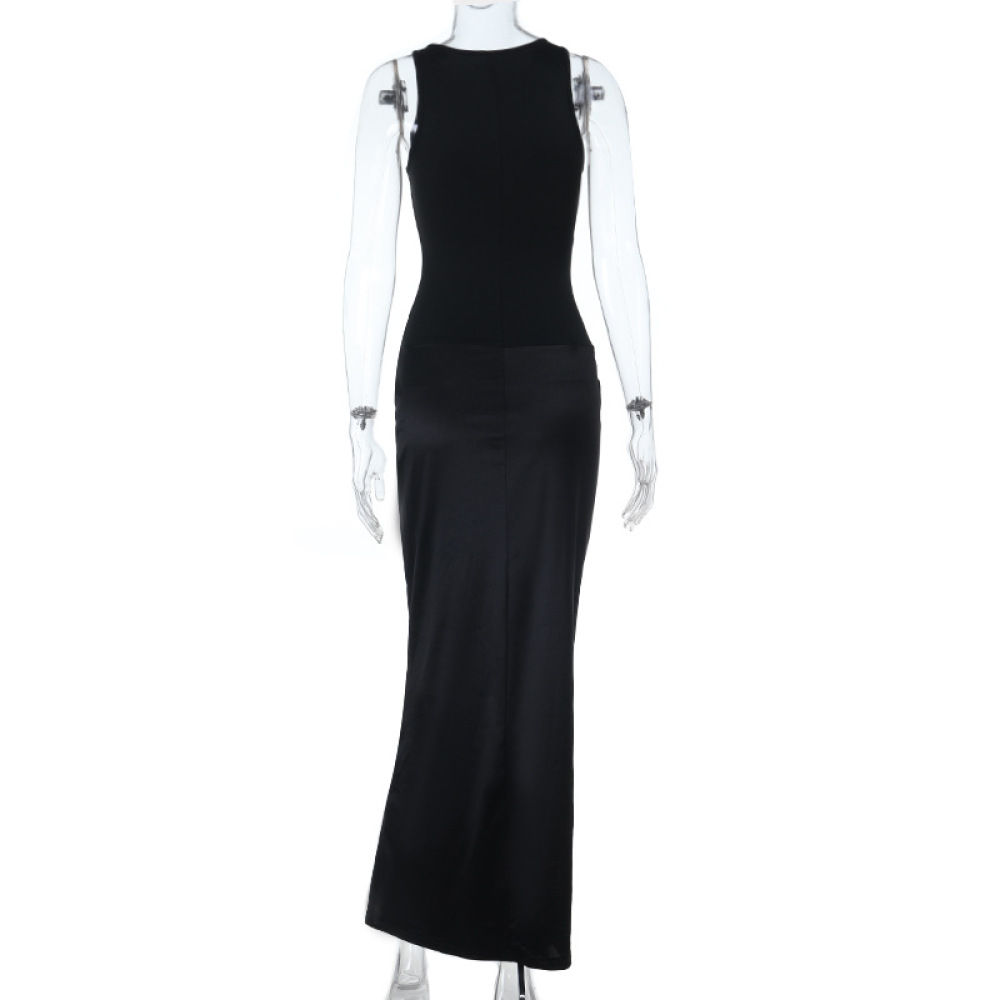 Women's Satin Panel Metal Button Round Neck Black Dress
