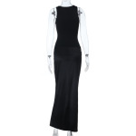 Women's Satin Panel Metal Button Round Neck Black Dress