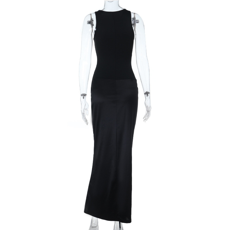 Women's Satin Panel Metal Button Round Neck Black Dress