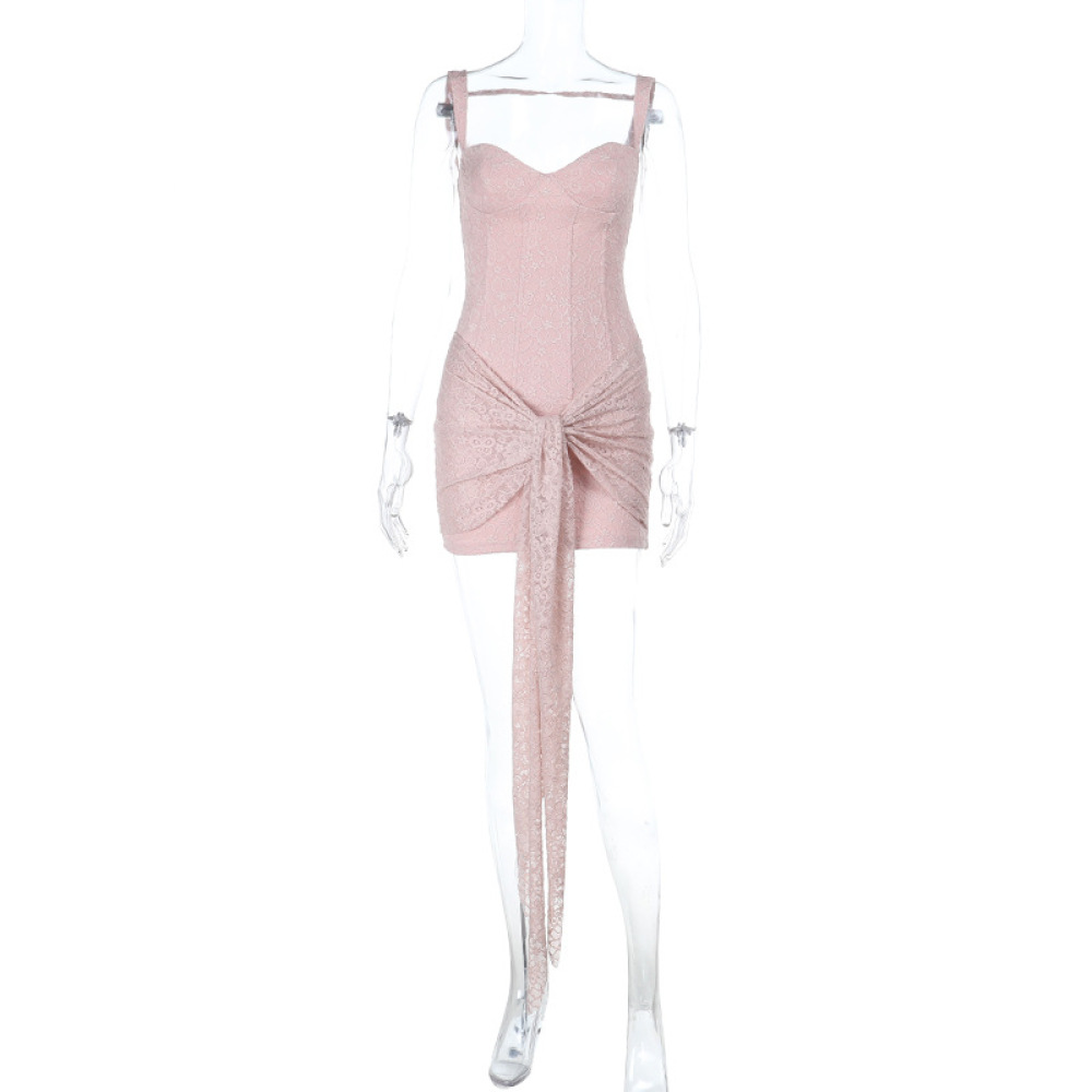 2025 Summer New Women's Lace Ribbon Backless Halter Mini Dress