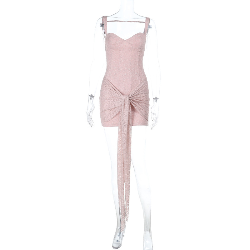 2025 Summer New Women's Lace Ribbon Backless Halter Mini Dress