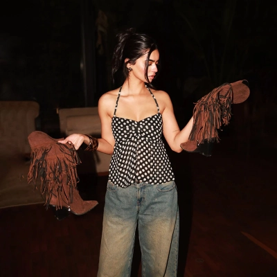 Polka Dot Print Ruched Halter Neck Tie Top 02