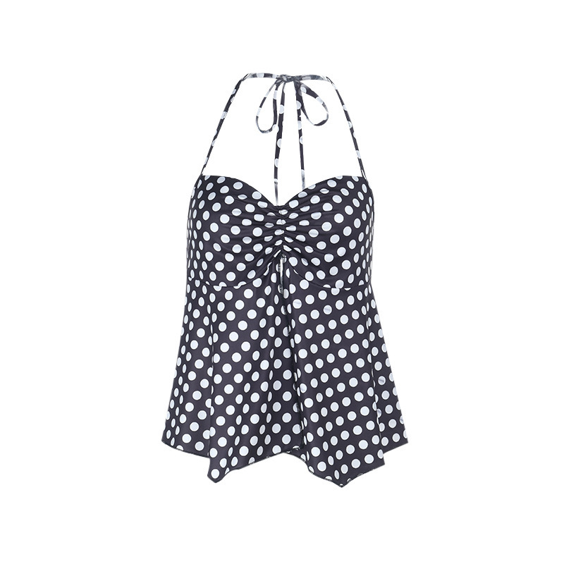 Polka Dot Print Ruched Halter Neck Tie Top