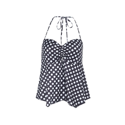 Polka Dot Print Ruched Halter Neck Tie Top 01