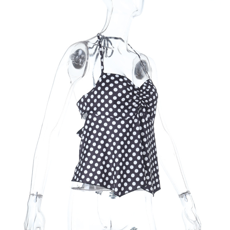Polka Dot Print Ruched Halter Neck Tie Top