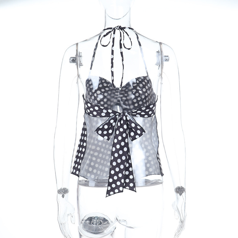 Polka Dot Print Ruched Halter Neck Tie Top