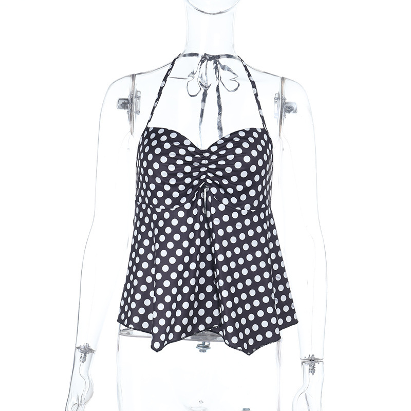 Polka Dot Print Ruched Halter Neck Tie Top