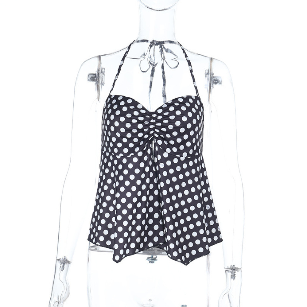 Polka Dot Print Ruched Halter Neck Tie Top