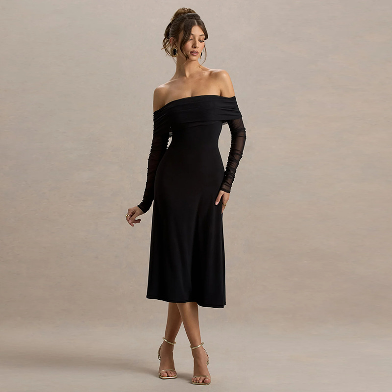 Off-the-Shoulder Sexy Backless Long Sleeve Black Dress 