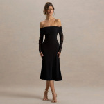 Off-the-Shoulder Sexy Backless Long Sleeve Black Dress 