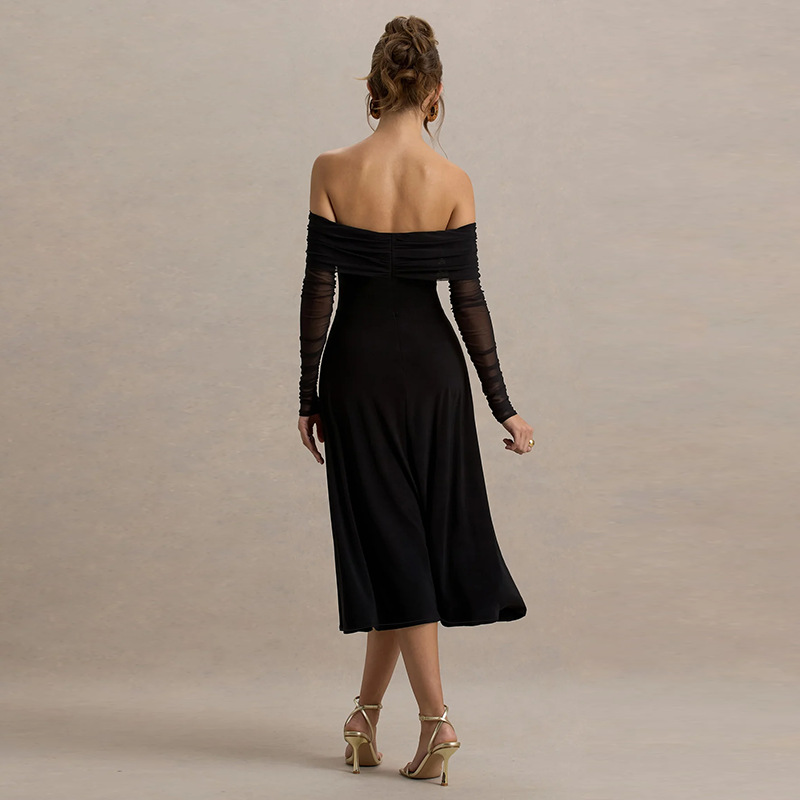 Off-the-Shoulder Sexy Backless Long Sleeve Black Dress 